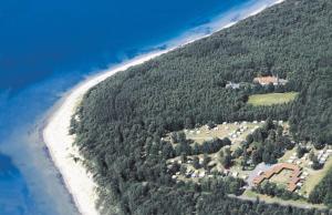 伦讷Nordskoven Strand Camping的大海旁山丘上房屋的空中景观