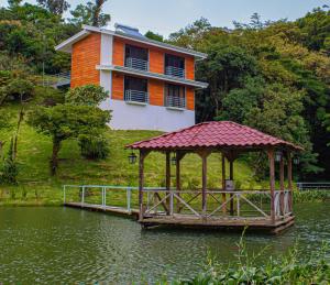 蒙泰韦尔德哥斯达黎加Burbi Lake Lodge Monteverde的湖中带凉亭的房子