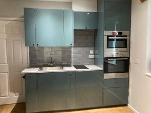 卡莱尔The Annex的厨房配有蓝色橱柜和水槽