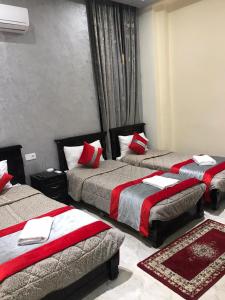 丹吉尔Hotel Biarritz的酒店客房,配有3张带红色枕头的床
