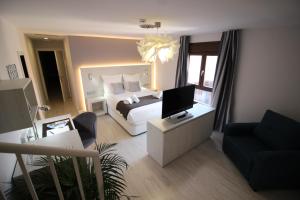 塞哥维亚Palacio La Floresta的酒店客房配有1张床、1台电视和1张沙发。