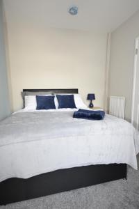 特伦特河畔斯托克Townhouse @ Penkhull New Road Stoke的卧室配有带蓝色枕头的大型白色床