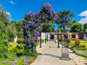 达夫纳Erettz Dafna Travel Hotel的一条小路上种有紫色花的花园