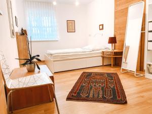 恩斯Exquisites Übernachten in der ältesten Stadt Österreichs的一间卧室配有一张床,铺有木地板。