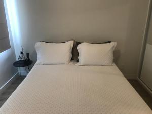 桑托斯Apartamento Frente ao Mar Santos的一张带两个白色枕头的床