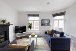 伦敦homely – Central London West End Apartments的客厅配有蓝色的沙发和电视