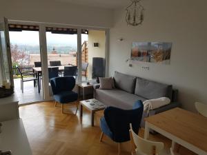 多瑙河畔克雷姆斯Blick über Krems mit Terrasse的客厅配有沙发和桌子