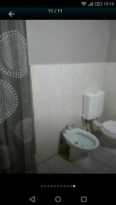 内科切阿Duplex en Necochea的一间带卫生间和淋浴帘的浴室