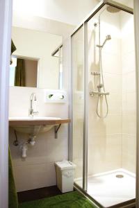 Sankt Christofen斯默释旅馆的带淋浴、卫生间和盥洗盆的浴室
