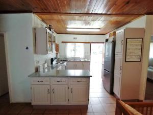 温特顿L Chiam Self-Catering Cottage的厨房配有白色橱柜、水槽和冰箱。