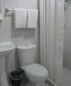 宿务夸特罗码头酒店的浴室设有卫生间和带毛巾的淋浴。