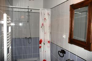 Tolcsva兹罗卡温德加斯公寓的浴室设有淋浴和鲜花窗帘