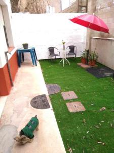 布尔戈斯4 bedrooms house with city view and terrace at Burgos的一个带绿色草坪和遮阳伞的小花园