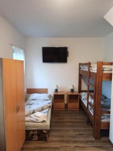 Borovanypenzion U Kmotra的客房设有两张双层床和一台平面电视。
