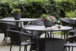 奥尔堡奥尔堡市斯堪迪克酒店的两把桌子和椅子,上面有鲜花