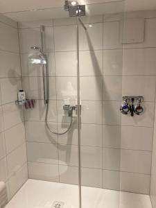 米森-维尔哈姆斯Ferienwohnung Familie Zuck的浴室里设有玻璃门淋浴