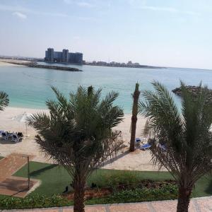 拉斯阿尔卡麦2 Bedroom Deluxe Beach Apartment Al Marjan的水边种有棕榈树的海滩