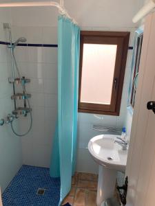 圣何塞德萨塔莱阿Can Xica的浴室设有蓝色的浴帘和水槽