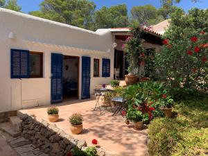 圣何塞德萨塔莱阿Can Xica的蓝色百叶窗的房子和植物庭院