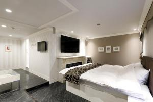 Kiyosuホテルバースデーきよす店 HOTEL Birthday kiyosu的一间卧室配有一张带壁炉和电视的床。