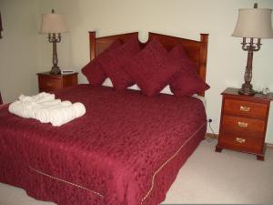 纳拉库特卡洛林尼斯小屋住宿加早餐旅馆的一间卧室配有红色的床和2条毛巾