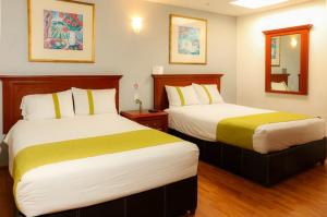 莱昂Suites Bajío的一间酒店客房内设有两张床的房间