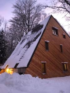 布雷佐维察Brezovica Luxury Villa, Brezovicë的屋顶上积雪的砖屋