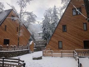 布雷佐维察Brezovica Luxury Villa, Brezovicë的旁边是一座积雪的建筑