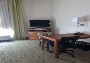 坦普尔坦普尔烛木套房酒店的酒店客房配有书桌、电视、桌子和椅子。