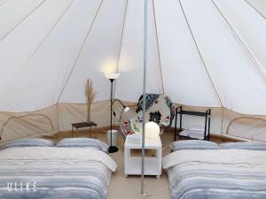 南庄乡星原谷露营区的帐篷内带三张床的房间
