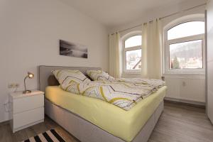 奥斯赛拜-塞林Traumferienwohnung in Sellin / Rügen的一间卧室设有一张大床和两个窗户。