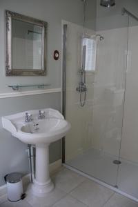 拉苏特兰莱扎城堡住宿加早餐旅馆的浴室配有盥洗盆和带镜子的淋浴