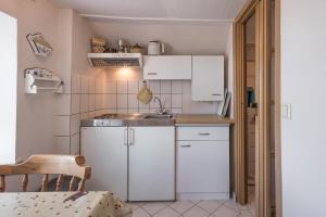达格比尔Haus Seeblick _ Wohnung 2的小厨房配有白色橱柜和水槽