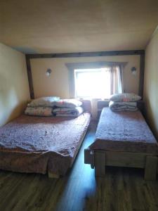 BaltriškėsKaimo turizmo sodyba Stromelė的带窗户的客房内的两张床