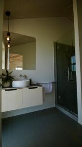 欧尼罗亚One O One Cabins, Waiheke Island的一间带水槽、镜子和淋浴的浴室