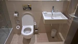 新德里Airport Hotel Golden Bliss Near Delhi Airport的一间带卫生间和水槽的浴室