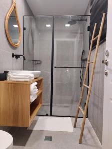 海法Urbanica Carmel- Apartments的带淋浴、盥洗盆和镜子的浴室