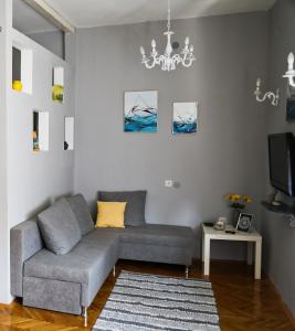 斯科普里Apartment Mia的客厅配有灰色的沙发和吊灯。