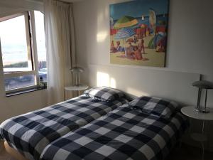 海边的艾格蒙特Strandhuis的一间卧室配有一张带 ⁇ 子毯子的床
