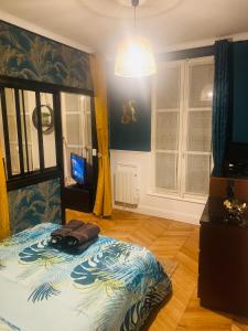 枫丹白露Appartement centre Fontainebleau的一间卧室配有一张带枕头的床