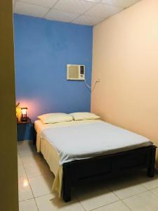 圣地亚哥Black Lion Inn的一间卧室配有一张蓝色墙壁的床