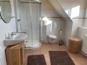 巴特塞森多夫Fewo Haus Piepenbreier的一间带水槽、淋浴和卫生间的浴室