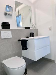 阿斯科纳Bijou Lido Golf的一间带卫生间、水槽和镜子的浴室