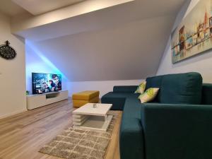 拉科维察Boutique Apartments Nikola Tesla的客厅配有绿色沙发和电视