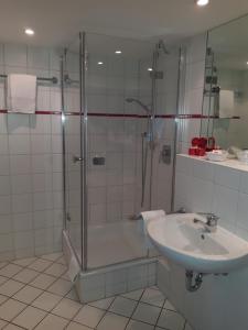 丁克尔斯比尔豪斯阿普尔伯格酒店的带淋浴和盥洗盆的浴室