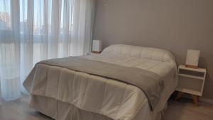 马德普拉塔Departamento centro mdp calle belgrano的一间卧室配有一张带白色床单的大床