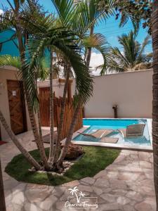 普拉亚弗朗西丝Pousada Charme Francês的庭院内两棵棕榈树的游泳池