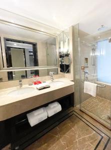上海上海绿瘦酒店的一间带水槽、镜子和淋浴的浴室
