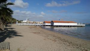 洛斯阿尔卡萨雷斯BALNEARIO LA ENCARNACIÓN的海滩上有一个码头,水中还有一座建筑