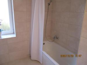 巴拉顿菲赖德Boglárka Apartmanház的浴室配有浴缸和淋浴及浴帘